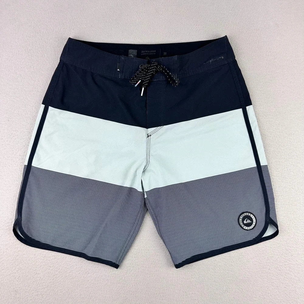 Quiksilver Dryflight Board Shorts Mens 31 Blue Striped‎ Summer Beach Swimsuit